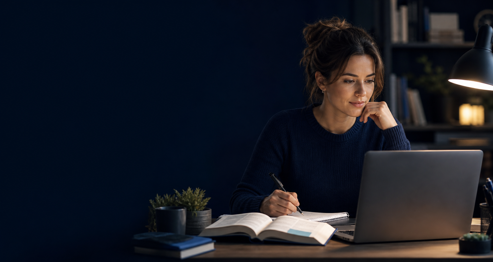 Suaugusi moteris mokosi anglų kalbos nuotoliniu būdu su laptopu ir knyga