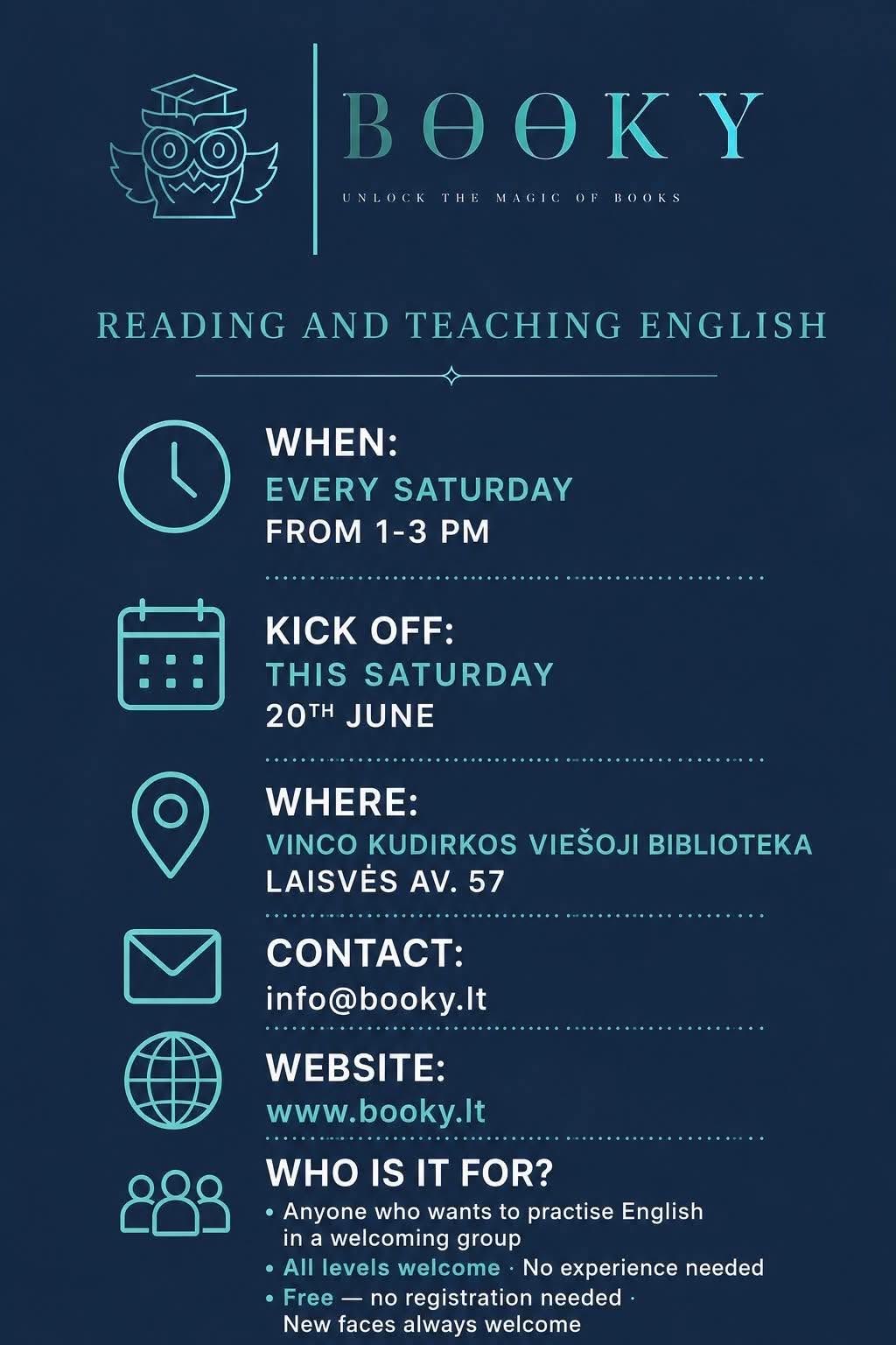 Booky Reading and Teaching English promo: every Saturday from 1 to 3 PM at Vinco Kudirkos viešoji biblioteka, Laisvės av. 57